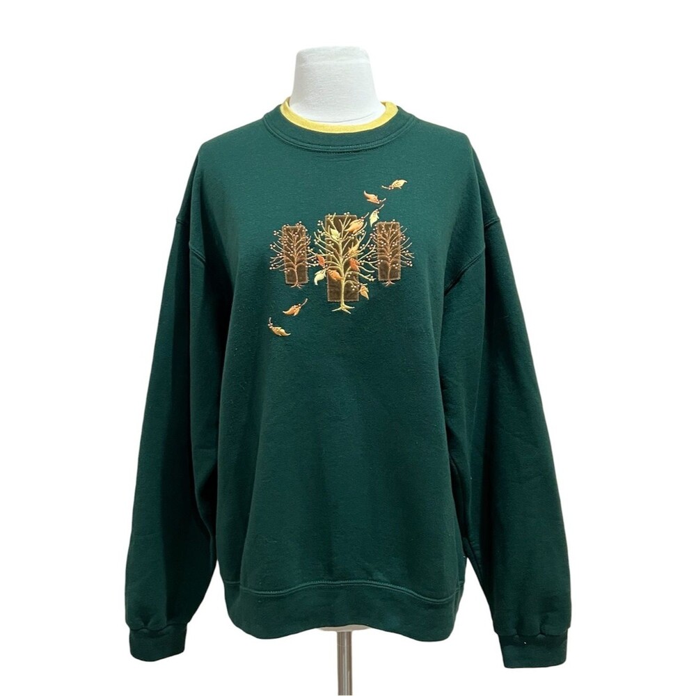 Pleasant Shade Vintage Green Embellished Fall Leaves Crewneck Sweater Size Large